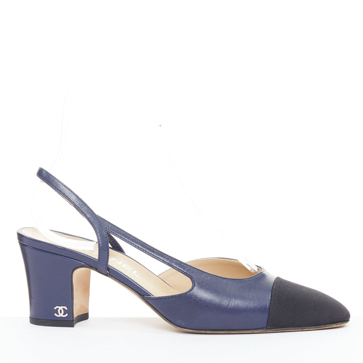 CHANEL navy blue leather black grosgrain cap toe slip on slingback pumps EU38