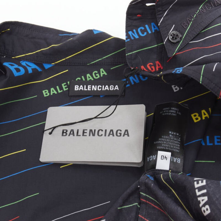 BALENCIAGA black multicolor logo monogram stipe print boxy shirt EU40 M