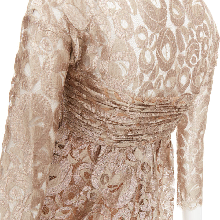 ROMEO GIGLI JOYCE Vintage ruched empire lace gold draped cocktail dress IT36 XXS