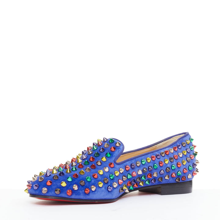 CHRISTIAN LOUBOUTIN Dandy Pik Pik Flat blue suede multicolor spike flats EU37
