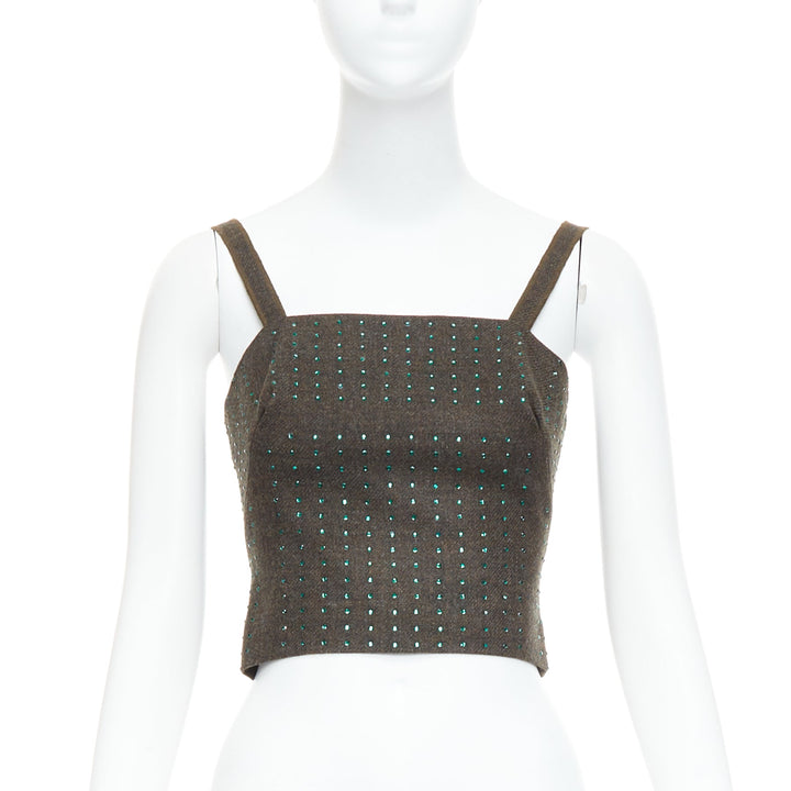 MIU MIU Vintage 1998 Runway fleece wool green crystal bustier top IT38 XS