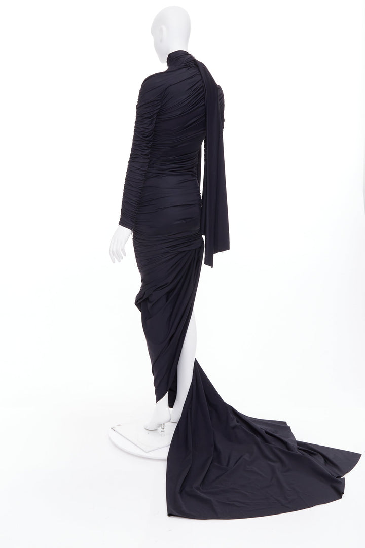 BALENCIAGA Demna 2021 Runway black gathered knot draped long train gown FR36 S