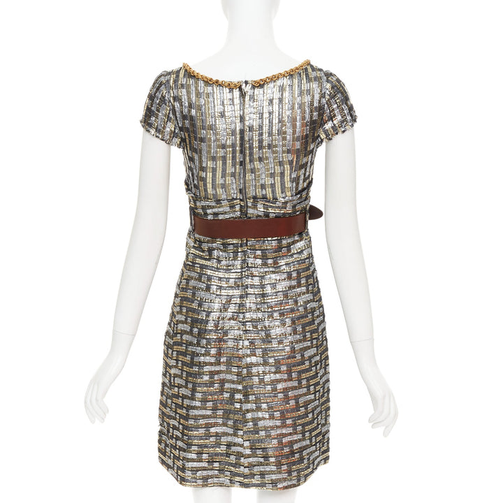 DOLCE GABBANA metallic gold silver check jacquard gold chain belt dress IT38 XS