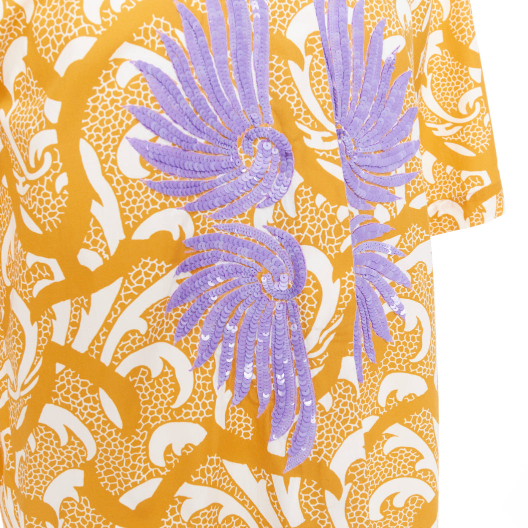 DRIES VAN NOTEN yellow lilac sequin embroidered short sleeve bowling shirt S