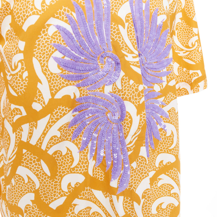 DRIES VAN NOTEN yellow lilac sequin embroidered short sleeve bowling shirt S