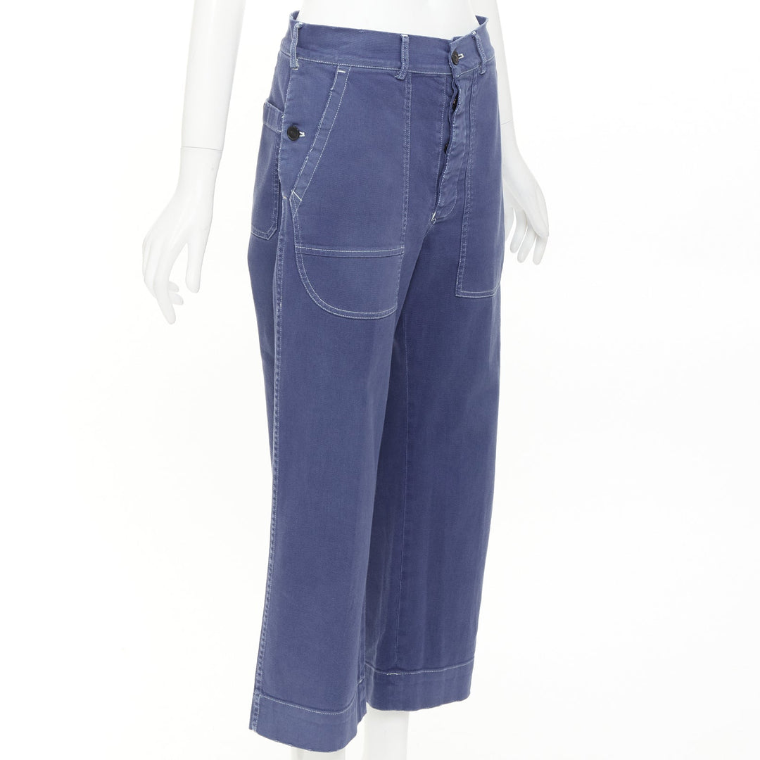 DIOR blue cotton whtie stitch palm print back utility cargo pants FR36 S