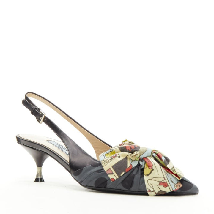 PRADA 2018 Comic print fabric wrap bow slingback kitten heel pump EU36