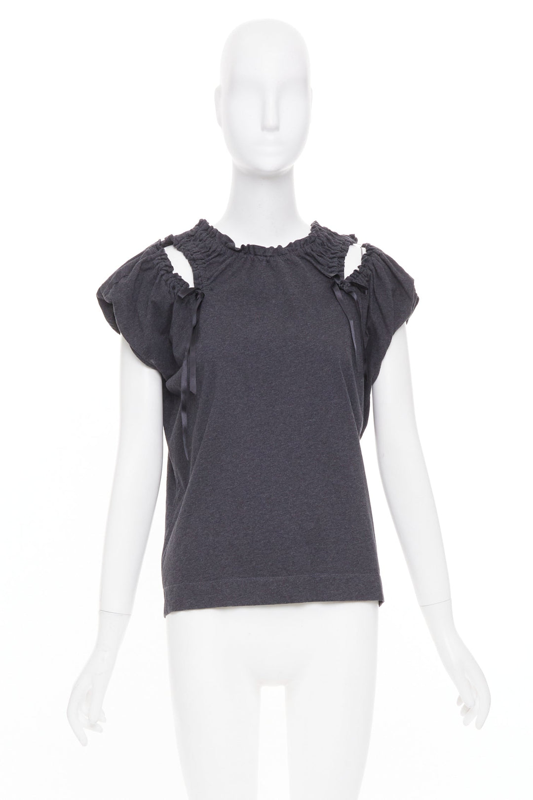 SIMONE ROCHA gray cold shoulder ruched ribbon detail puff sleeve cotton top S