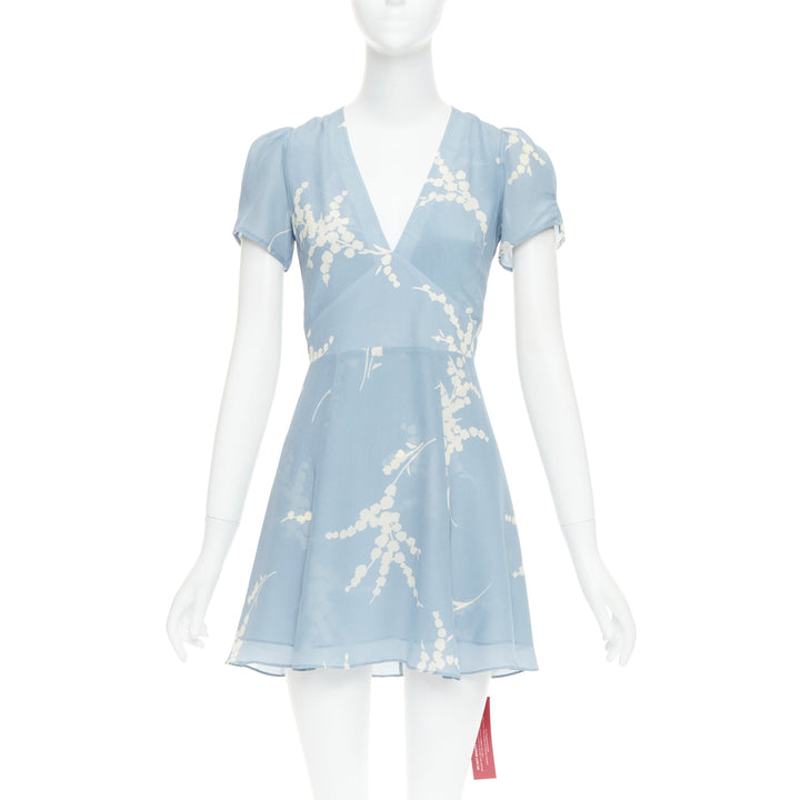 REALISATION Luella 100% silk light blue cream floral print V neck sundress XS