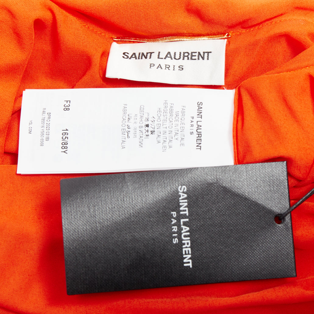 SAINT LAURENT 2023 orange asymmetric knot halter draped backless gown FR38 M