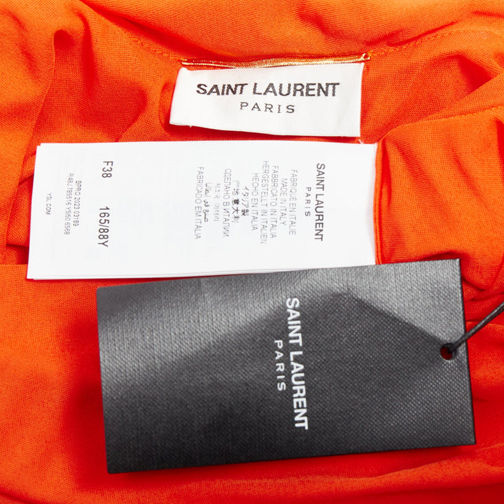 SAINT LAURENT 2023 orange asymmetric knot halter draped backless gown FR38 M