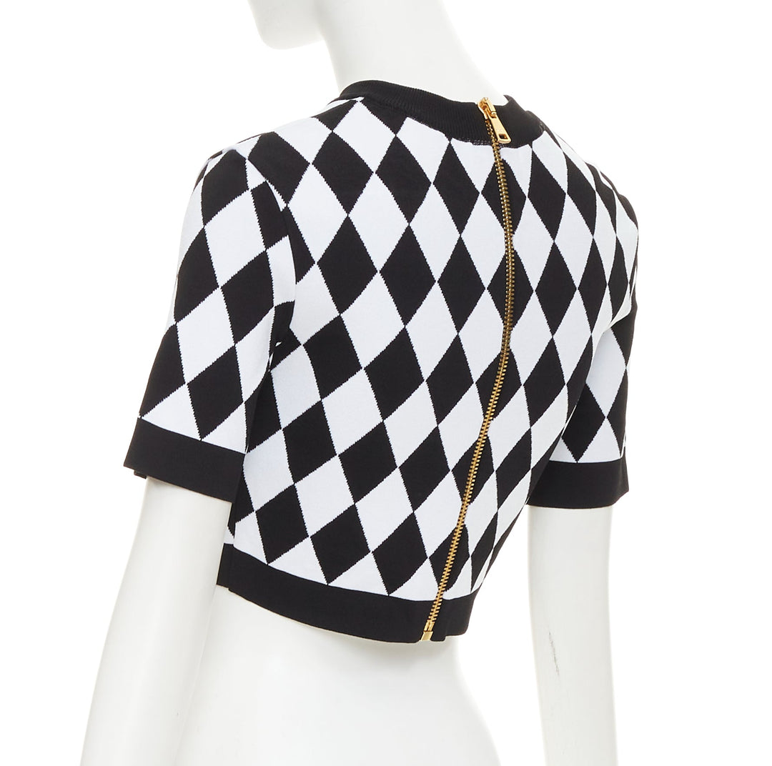 BALMAIN 2022 Harlequin black white diamond check gold lion buttons crop top FR36