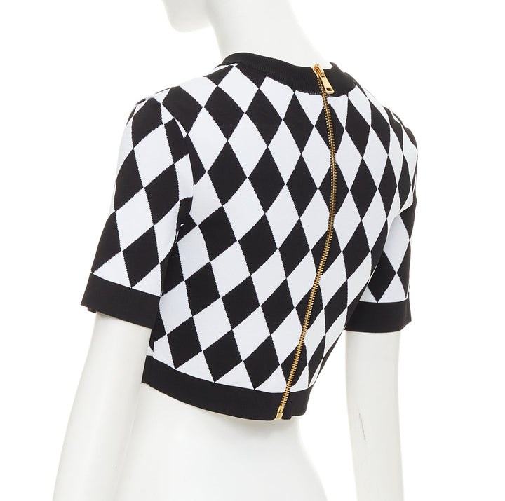 BALMAIN 2022 Harlequin black white diamond check gold lion buttons crop top FR36