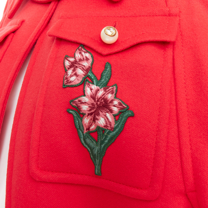 GUCCI 2016 Runwauy red wool birds flower embroidered  military cape coat IT38 XS