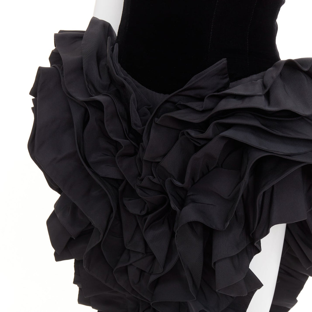 rare ALEXANDRE VAUTHIER COUTURE black velvet taffeta ruffle slit bodysuit dress