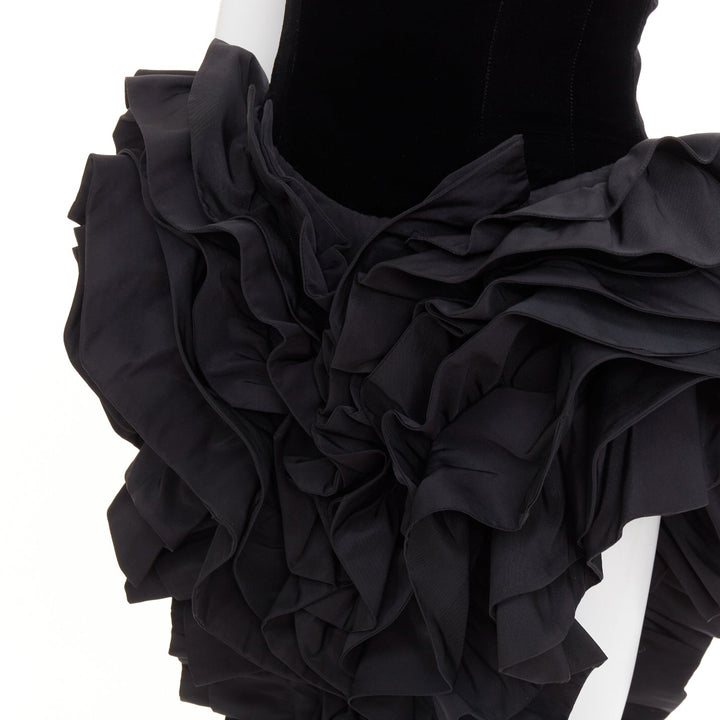 rare ALEXANDRE VAUTHIER COUTURE black velvet taffeta ruffle slit bodysuit dress