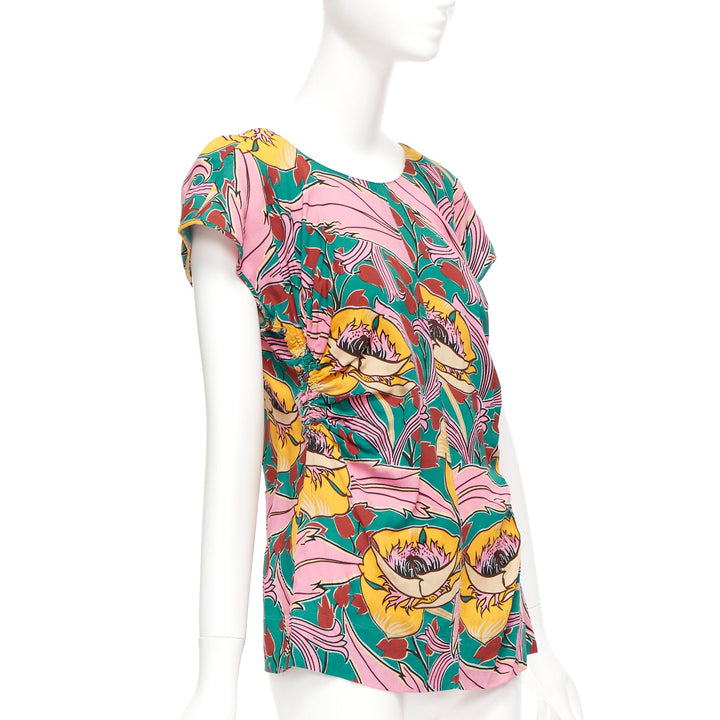 MARNI pink green floral illustration print gathered side cap sleeve top IT38 XS