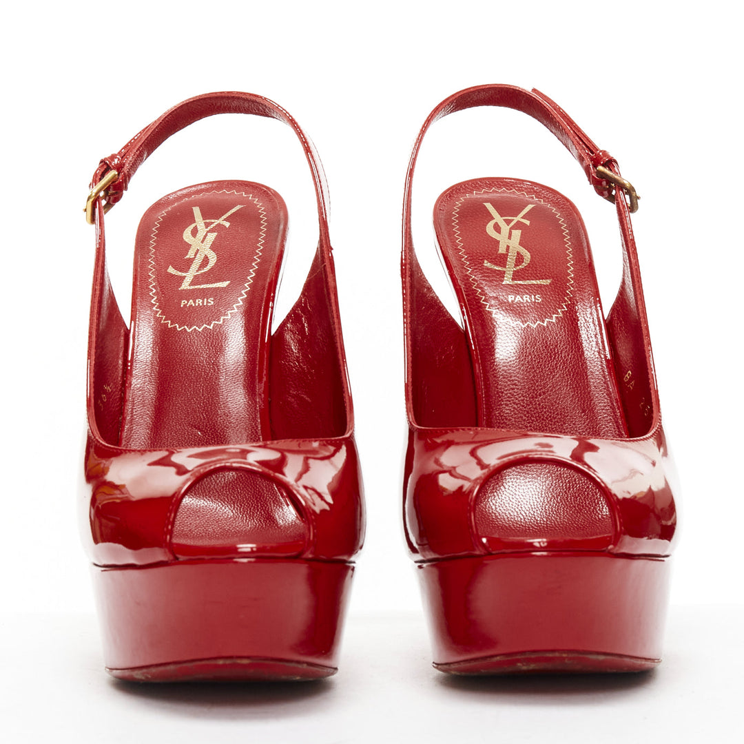 YVES SAINT LAURENT red patent peep toe platform slingback heels EU36.5