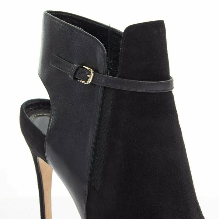 SERGIO ROSSI black suede leather strap buckle peep toe heel ankle bootie EU37