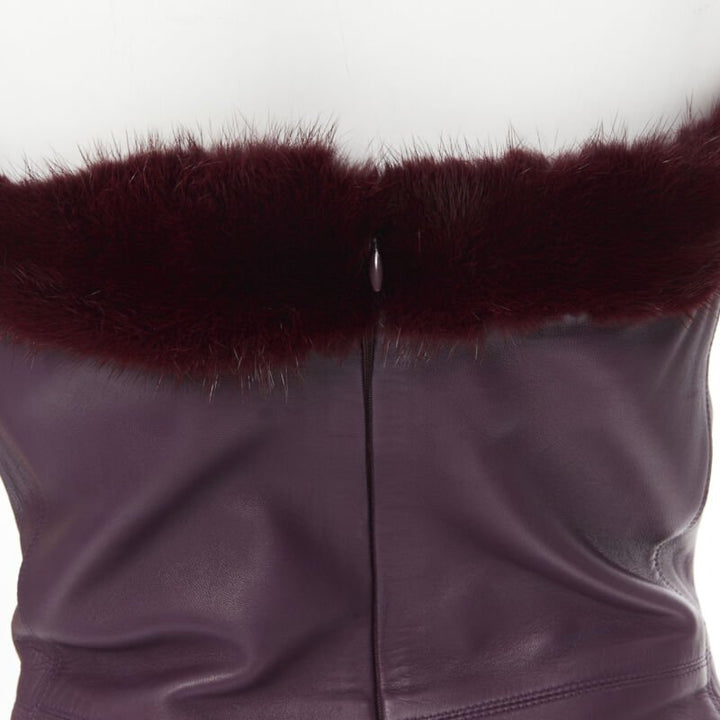 vintage Runway GIANNI VERSACE 1997 purple leather fur strapless mini dress IT40