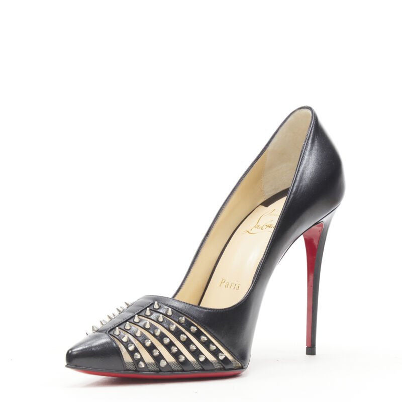 CHRISTIAN LOUBOUTIN Bereta 100 black spike stud mesh pointy pigalle EU38.5