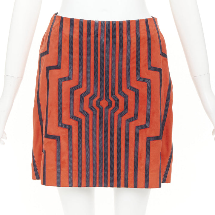 LOEWE 2016 Cyborg orange goat suede navy geometric inset applique skirt FR38 M