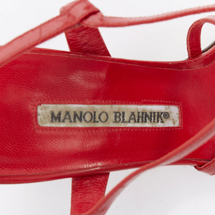 MANOLO BLAHNIK red patent leather crisscross strappy sandals EU37