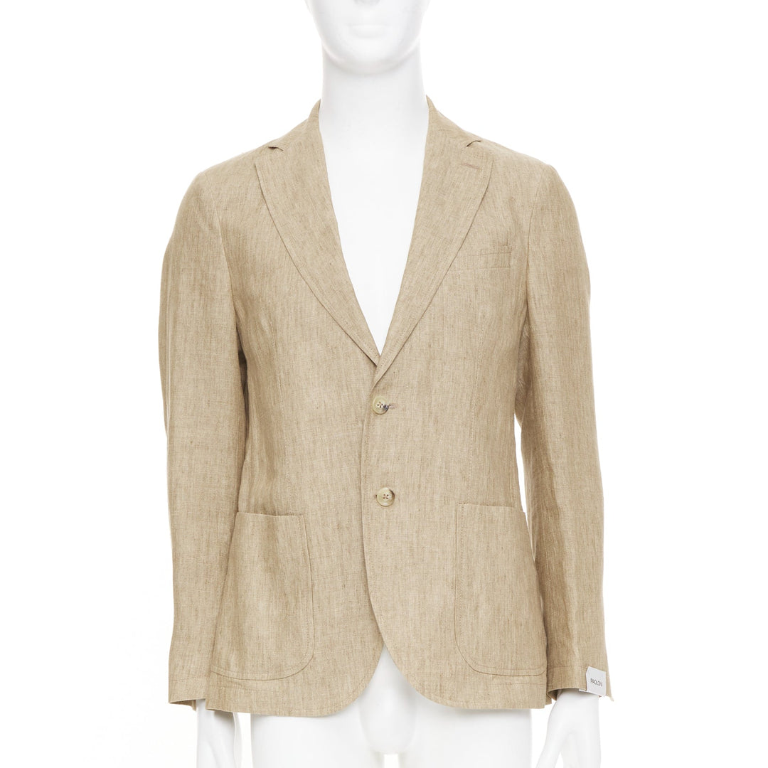 PAOLONI brown textured slub linen notch lapel three button patch jacket EU46 S