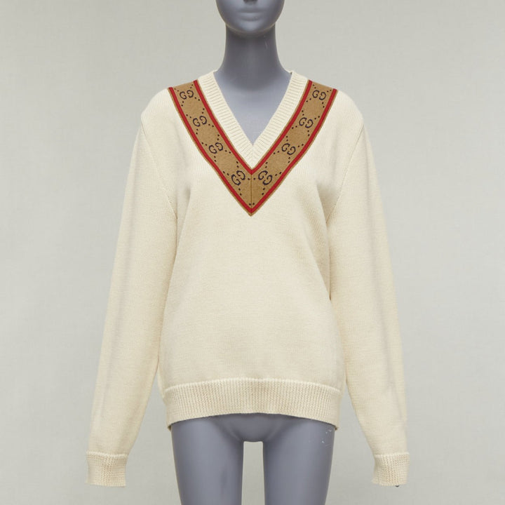 GUCCI 100% wool cream Vintage GG monogram V-neck varsity sweater S