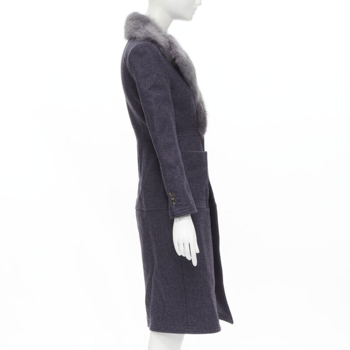 THOM BROWNE grey beaver fur blue collar wool felt silk lined coat JP2 M