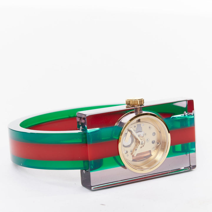 GUCCI 2018 Plexi Web green red  143.5 skeleton dial rectangular frame watch