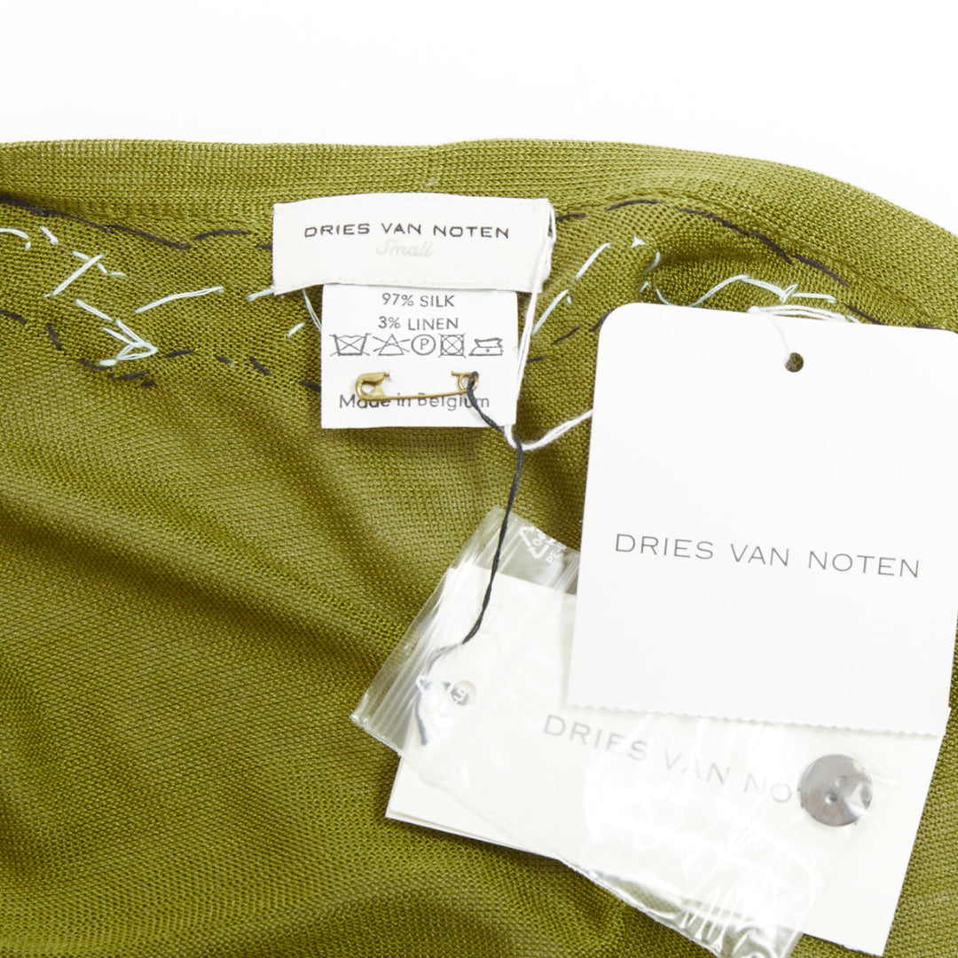 DRIES VAN NOTEN green silk linen bead applique cardigan sweater S