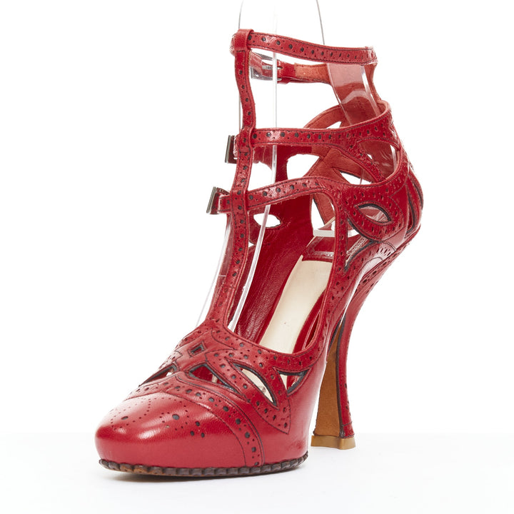 CHRISTIAN DIOR John Galliano Vintage red caged T-strap pump heels EU37