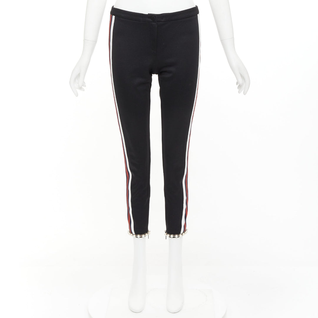 GUCCI black red pearl embellished hem webbing trims jogger pants S