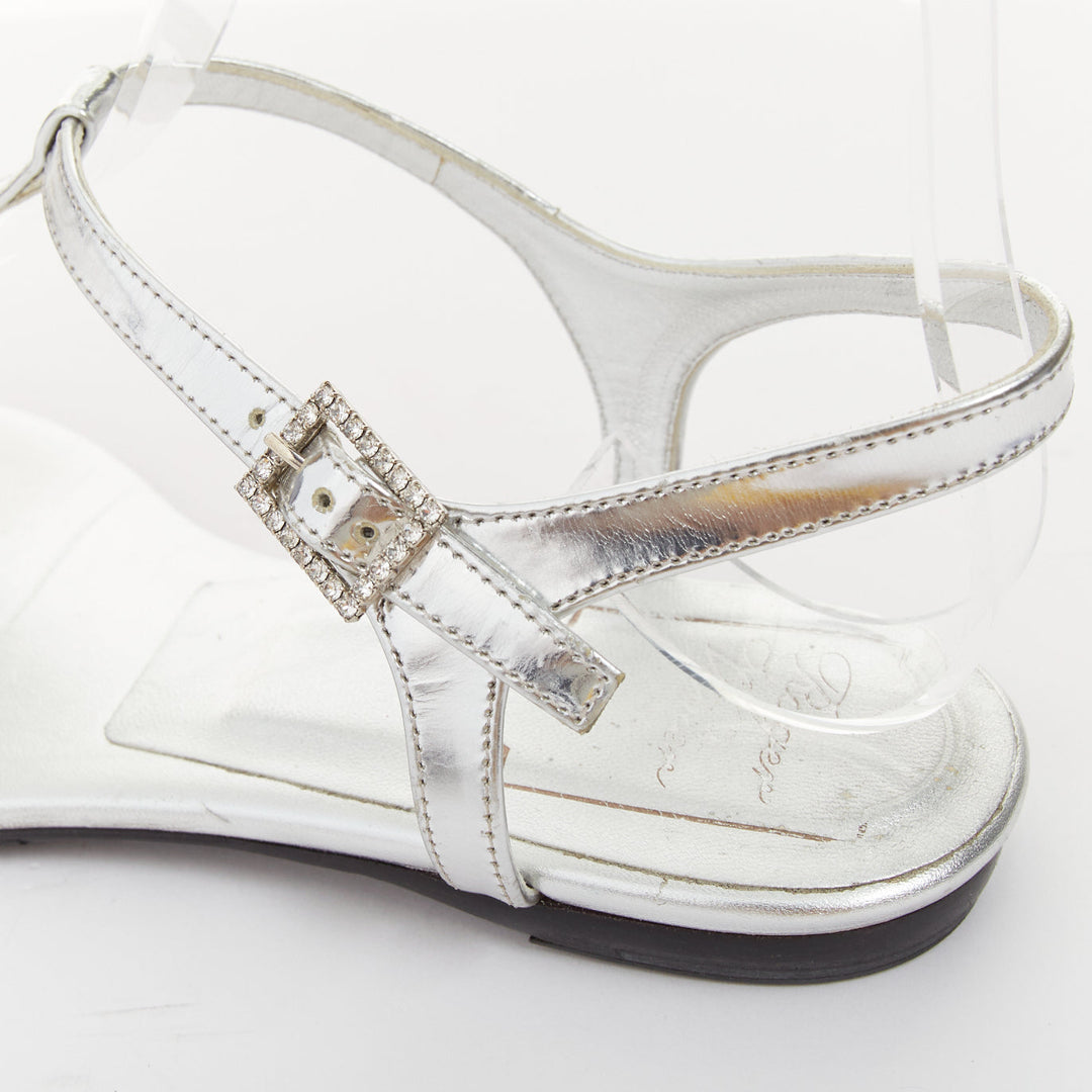 ROGER VIVIER silver crystal buckle metallic leather tstrap sandals EU37
