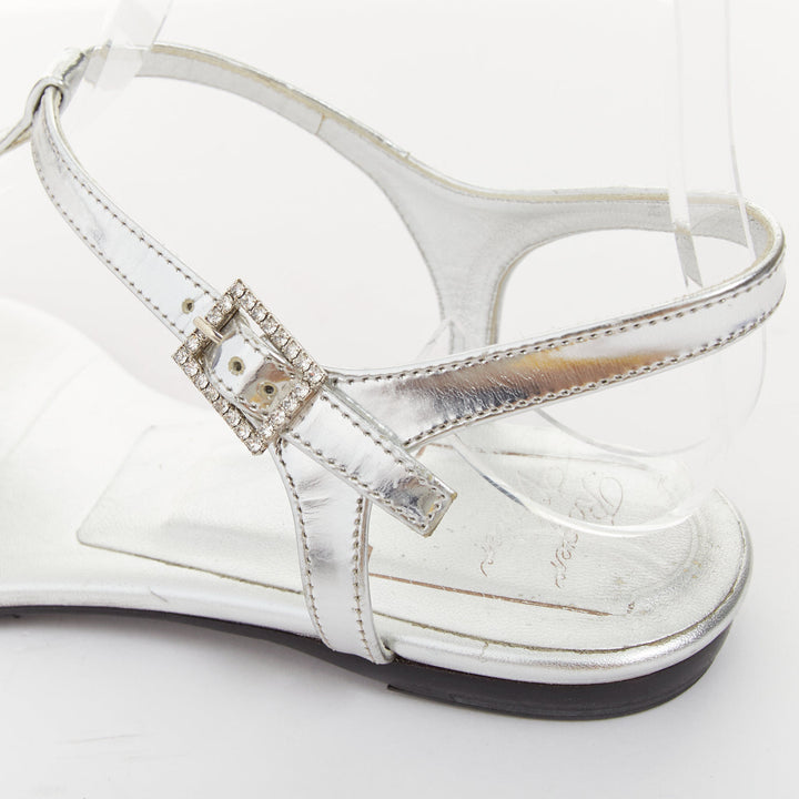 ROGER VIVIER silver crystal buckle metallic leather tstrap sandals EU37