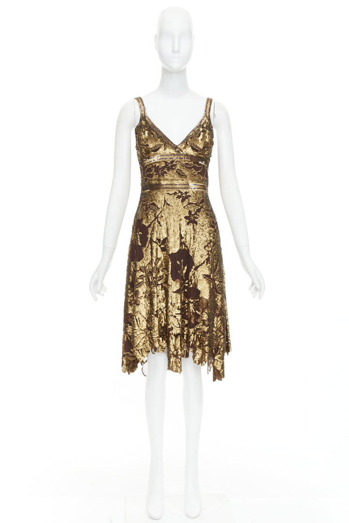 WUNDERKIND bronze gold brown 100% silk floral sequin handkerchief dress US2 S