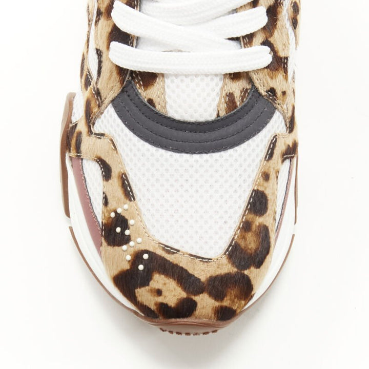 VERSACE Squalo brown leopard calfskin white mesh chunky sneakers EU41 US8