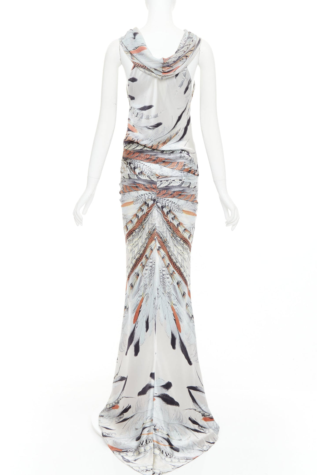ROBERTO CAVALLI Vintage silk steel grey brown feather print drape gown dress XS