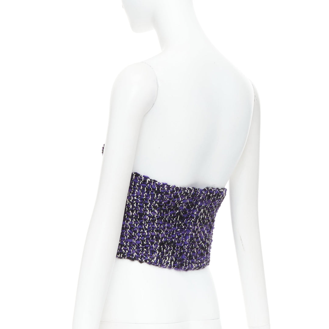 PRADA 2018 Runway purple wool tweed rubber badge strapless bustier tube IT40 S