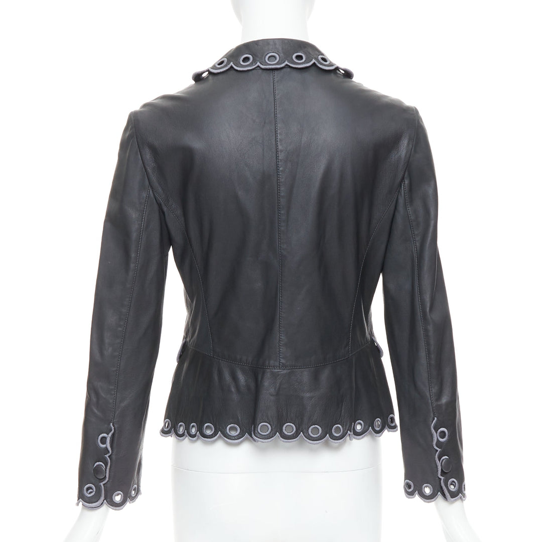 EMPORIO ARMANI 2009 black lambskin grey embroidered scalloped crop jacket IT40 S