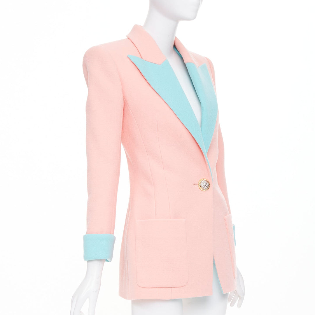 BALMAIN 2024 Runway pink blue wool crepe hourglass fitted Power blazer FR34 XS