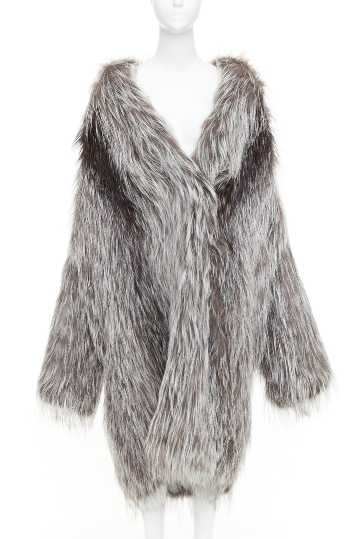 MICHAEL KORS COLLECTION brown grey real fur oversized drop sleeve long coat