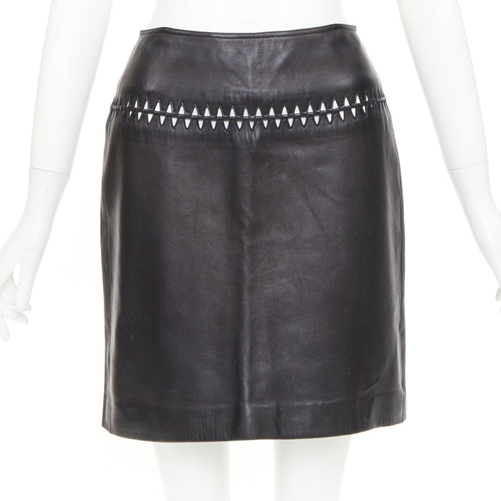ALAIA black lambskin leather topstitched geometric cut out pencil skirt FR40 L