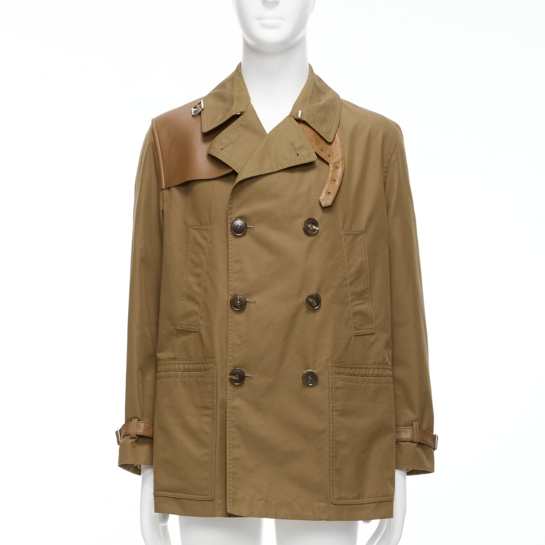 GUCCI Vintage brown leather trimmed cotton wool blend lined trench coat IT48 M