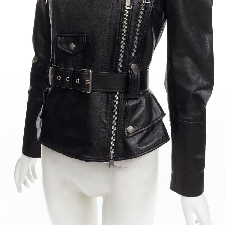 ALEXANDER MCQUEEN 2010 black leather belted peplum biker jacket IT38 XS