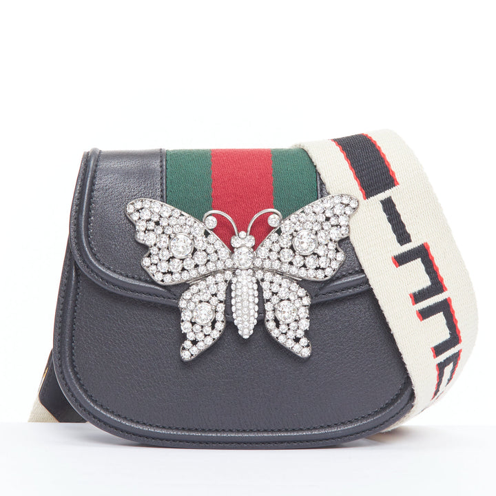 GUCCI Totem black calfskin crystal butterfly logo strap crossbody bag