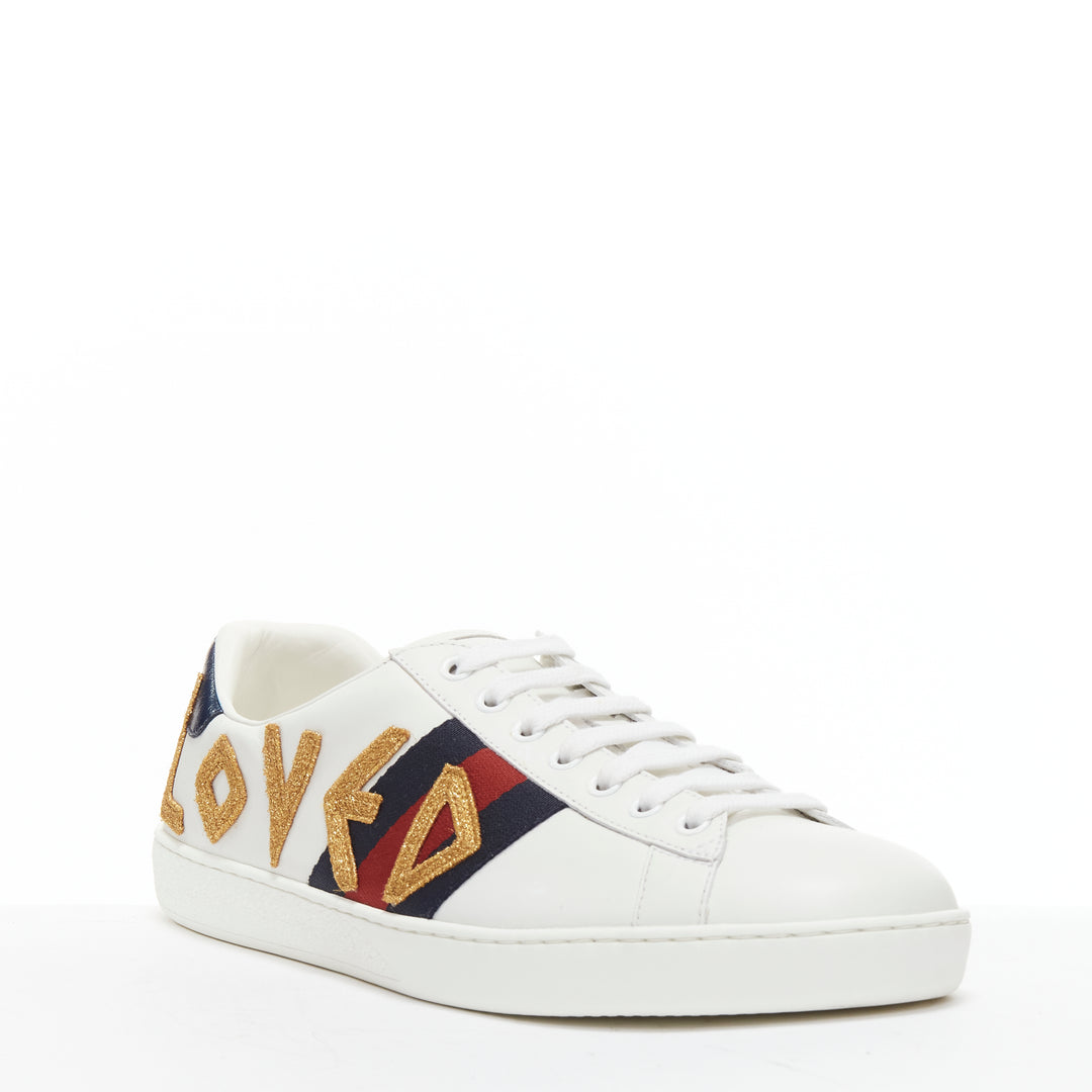 GUCCI Ace Loved gold embroidered blue red web leather sneakers UK7 EU41