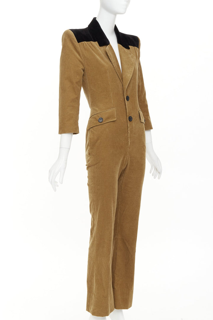 SAINT LAURENT 2022 Runway peak lapel brown cotton corduroy black jumpsuit FR34