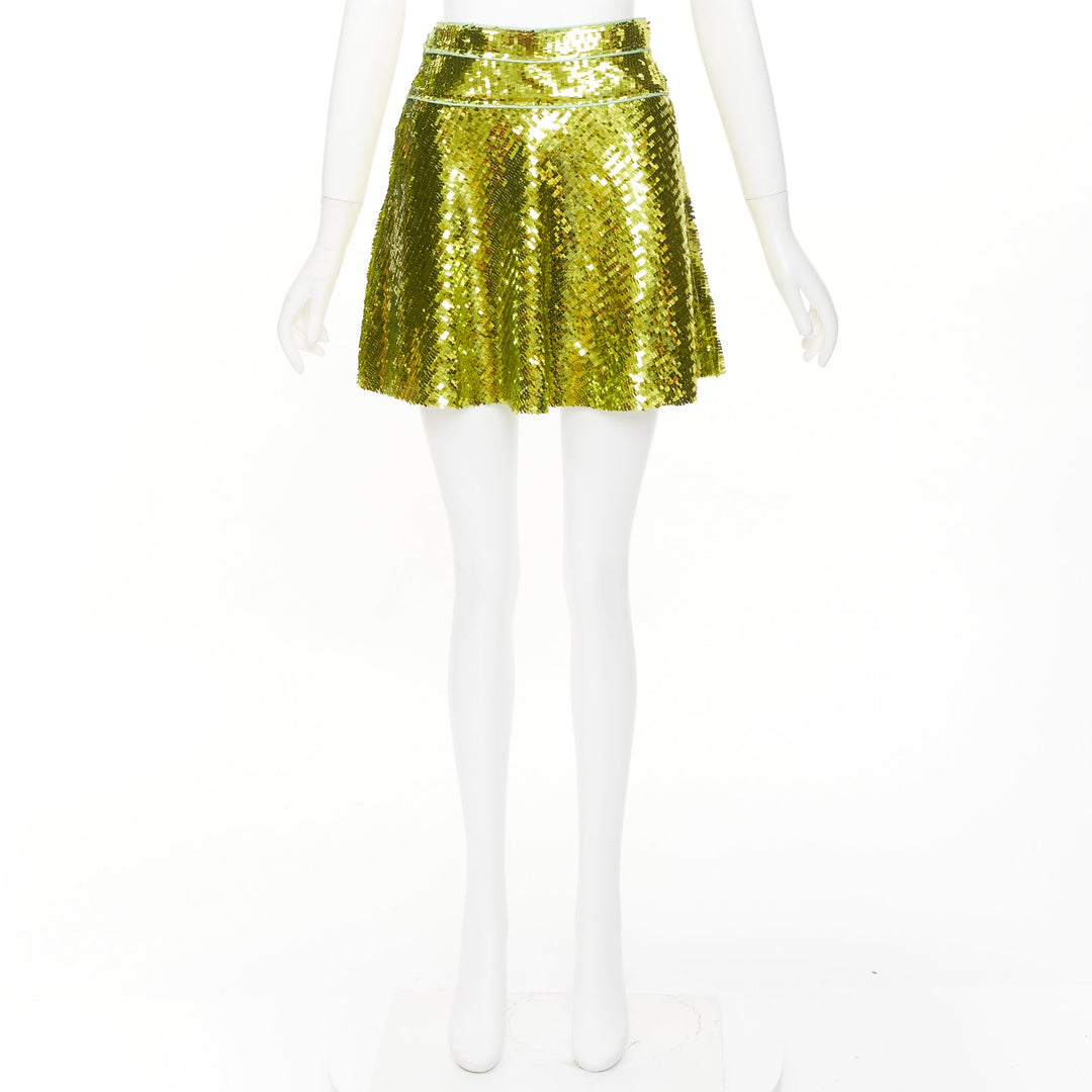 DSQUARED2 acid lime green rectangular sequins piping trim skater skirt IT38 XS